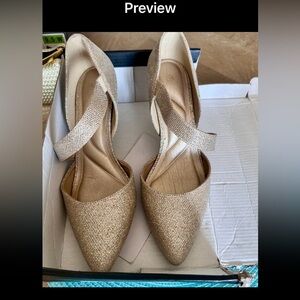 Sparkle Pointed-Toe Ankle Strap Heels in Gold